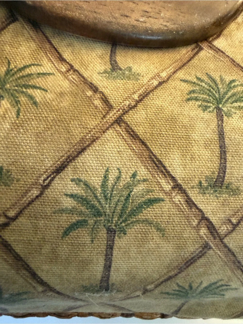 Vintage Fossil Tropical Palm-tree Print Canvass & Straw Bag w Wood Handles - Picture 15 of 15